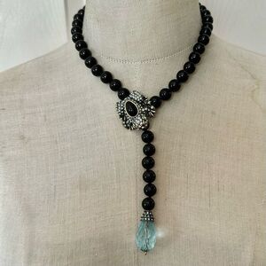 Heidi Daus Crystal Frog Necklace with Aqua Drop & Black Beads